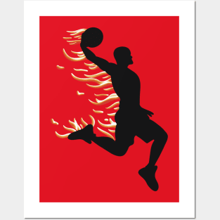 Basketball Player Dunking On Fire Black/Red Posters and Art